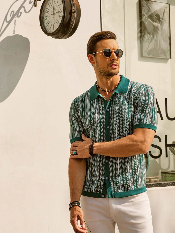 Teal striped polo shirt with green contrast collar, side angle view