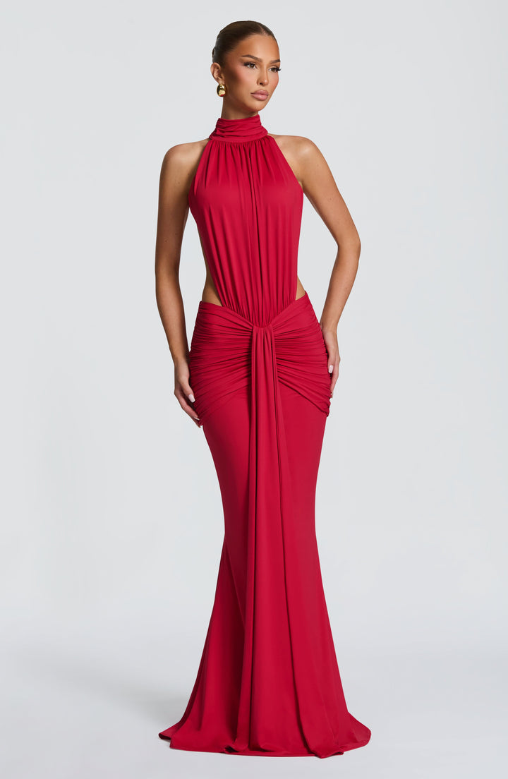 Women red halter maxi dress with ruched front and side cut-outs, full body view facing forward