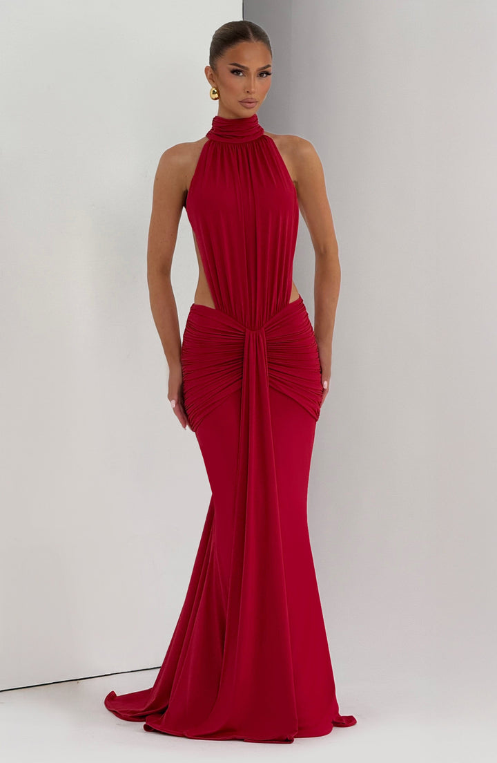 Women Spring Elegant Sleeveless Radiant Red Backless Maxi Dress