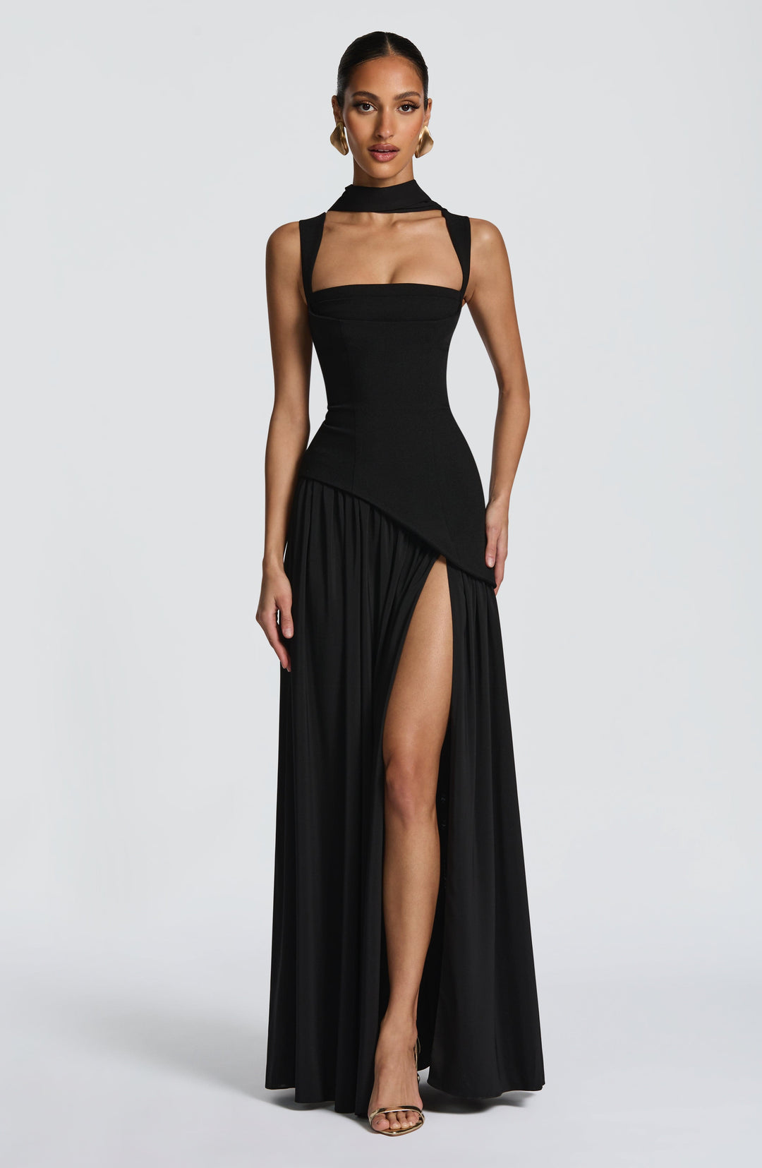 Women black square neck slit maxi dress front view with wide straps and high slit