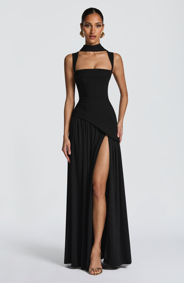 Women black square neck slit maxi dress front view with wide straps and high slit