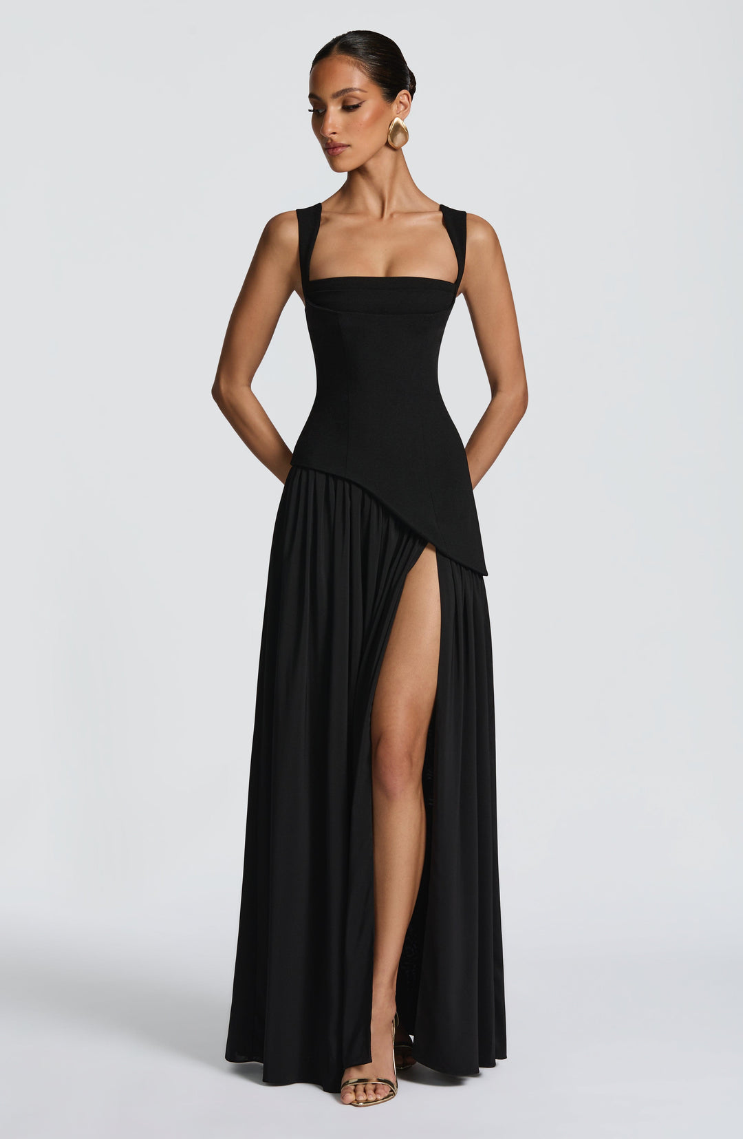 Women black square neck slit maxi dress front view with hands behind back