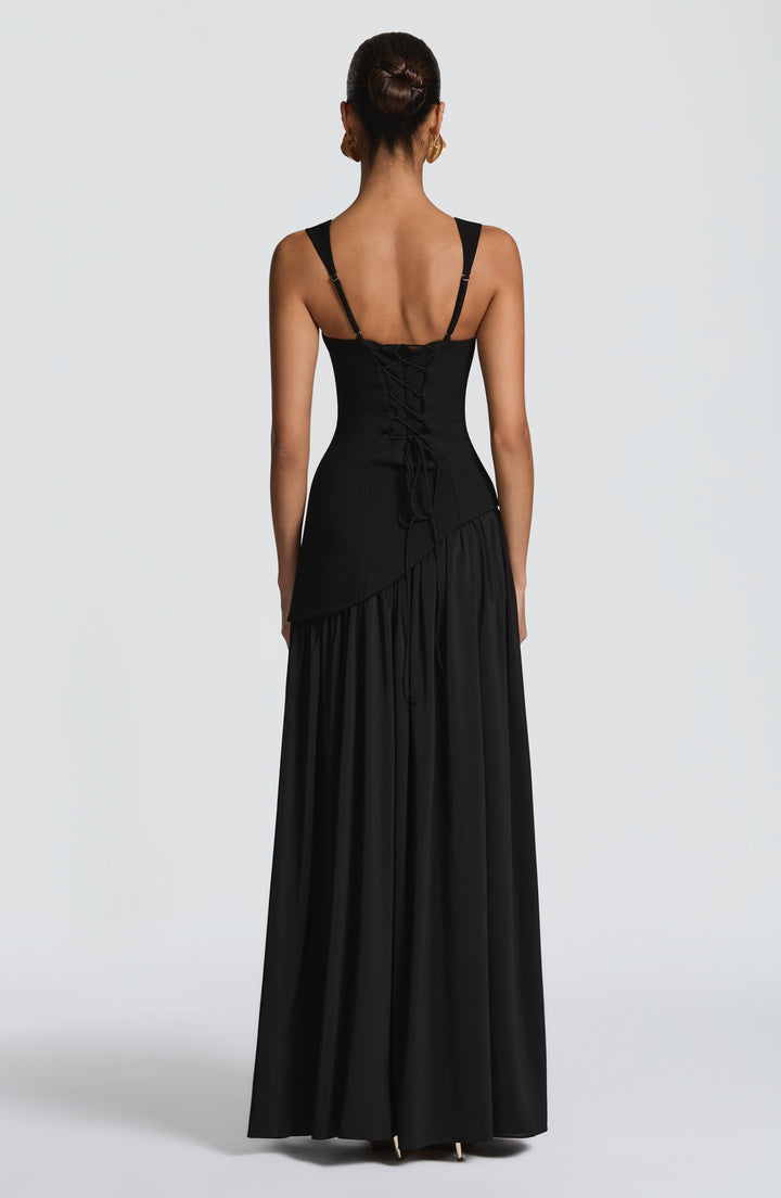 Women black square neck slit maxi dress back view with corset lace-up closure