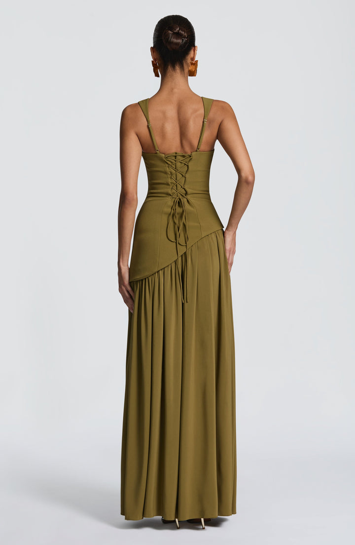 Women olive green square neck slit maxi dress back view with corset lacing