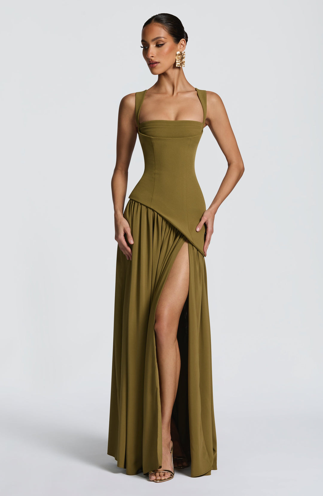 Women olive green square neck slit maxi dress front view with wide straps