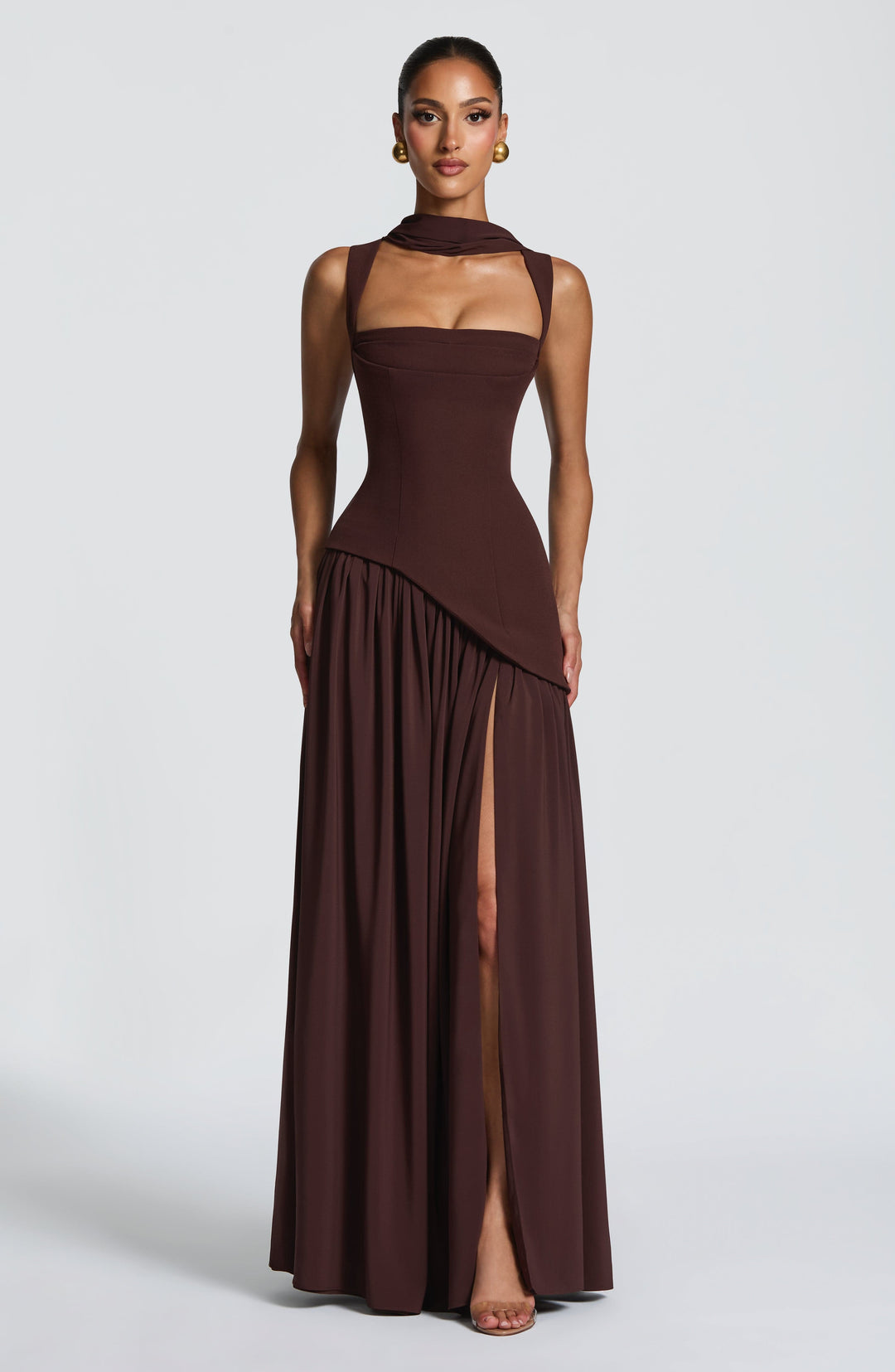 Women brown formal maxi dress with square neck and high side slit, shown with a matching neck scarf