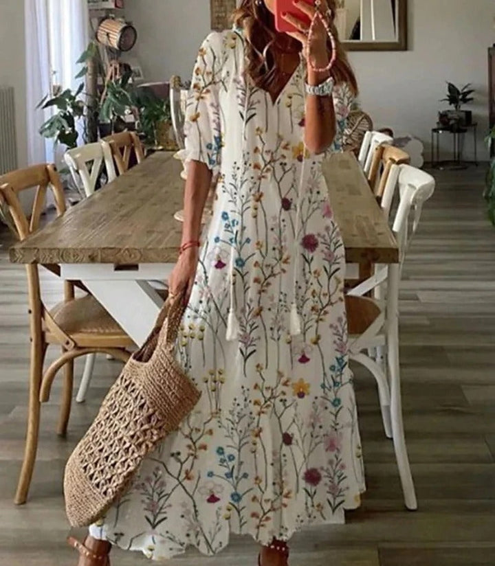 Women V Neck Short Sleeve Boho Floral Maxi Dress