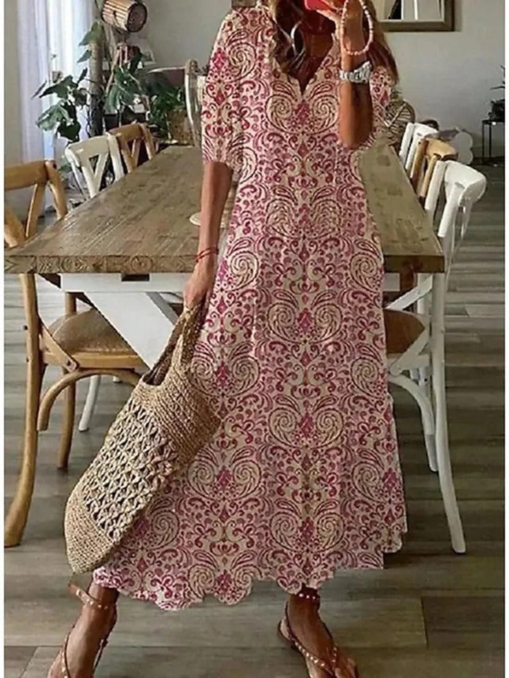Women V Neck Short Sleeve Boho Floral Maxi Dress