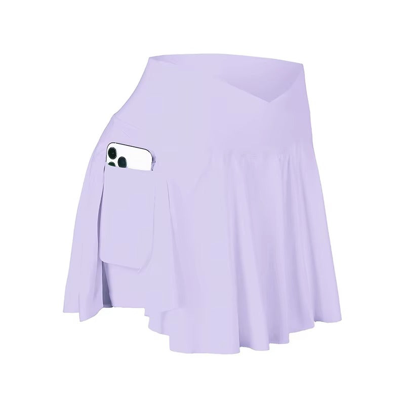 Women lavender high waist athletic tennis skirt with ruffled hem and phone in side pocket