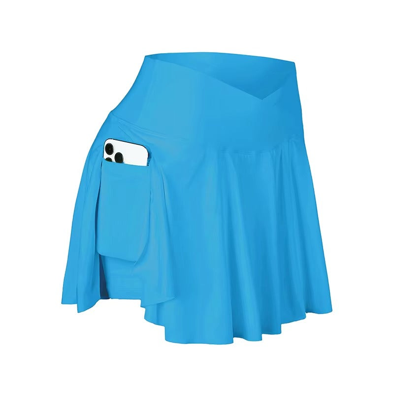 Women blue high waist athletic tennis skirt with ruffled hem and phone in side pocket