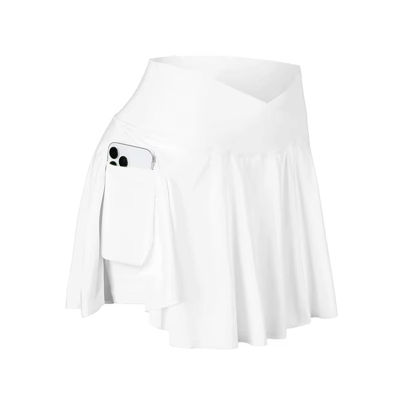 Women white high waist athletic tennis skirt with ruffled hem details and side pocket