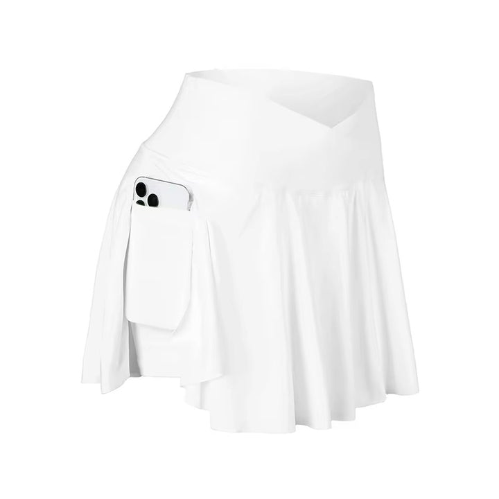 Women white high waist athletic tennis skirt with ruffled hem details and side pocket
