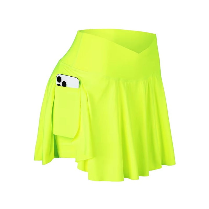 Women yellow high waist athletic tennis skirt with ruffled hem and visible side pocket