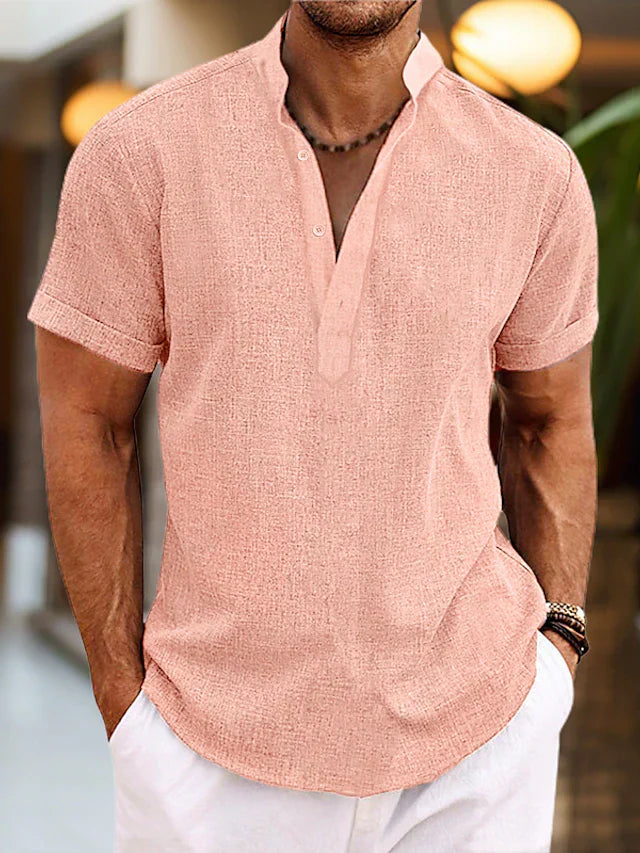 Men peach short sleeve Henley shirt with band collar and partial button placket