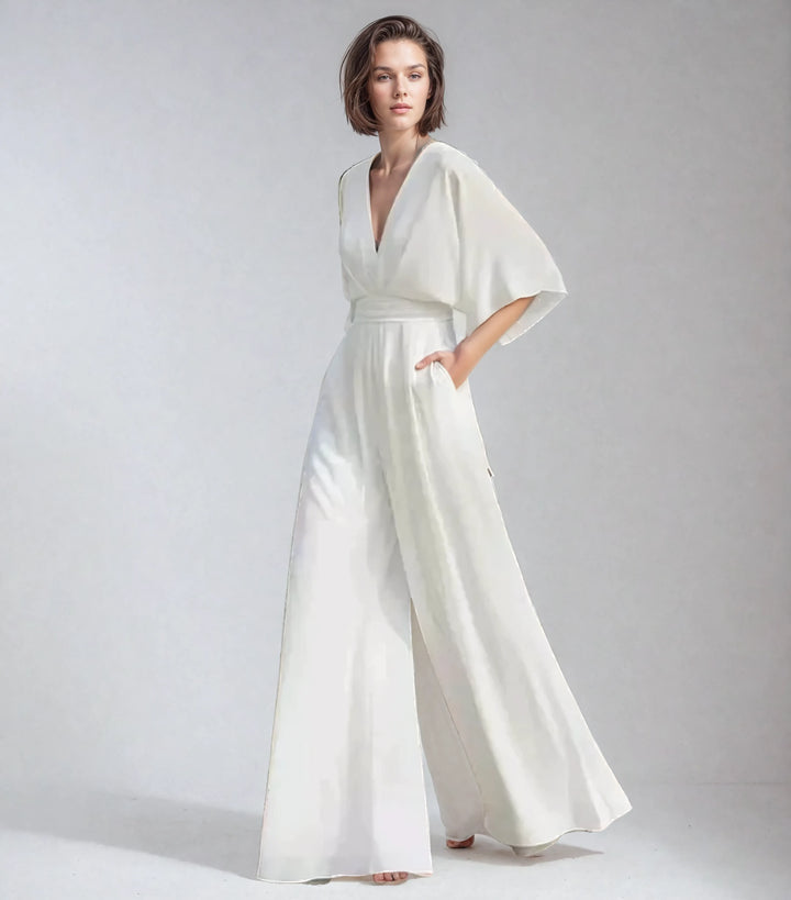 Women white V neck butterfly sleeve jumpsuit with wide legs and side pockets