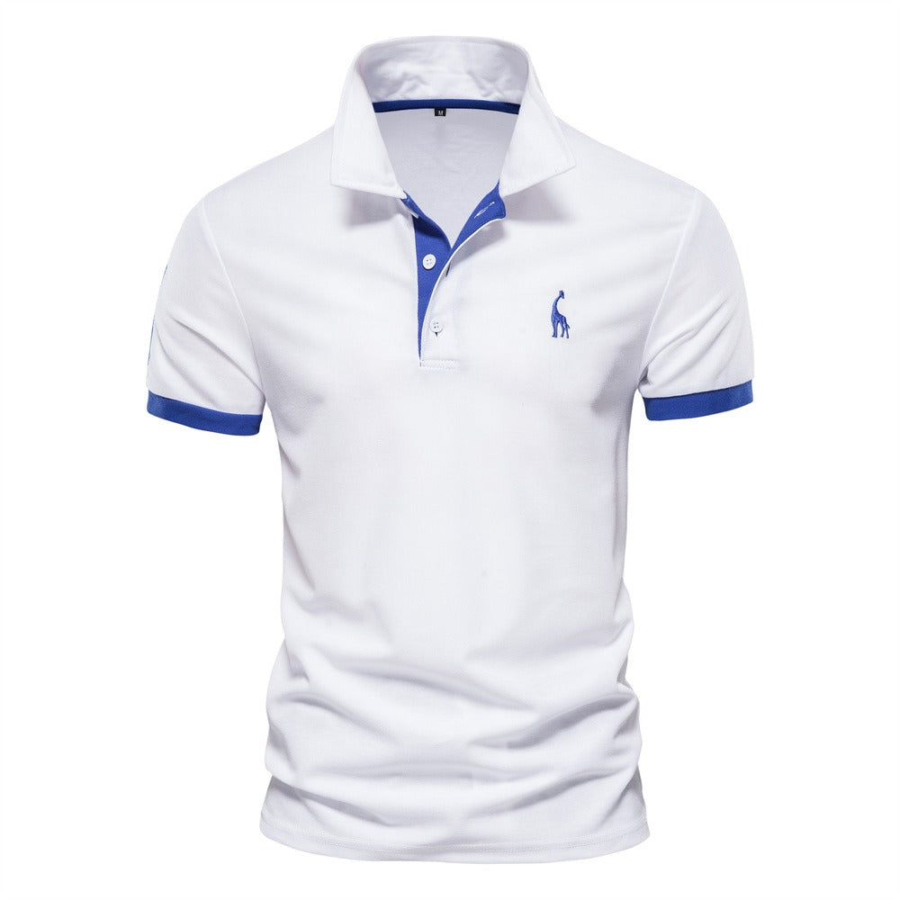 White short-sleeved polo shirt with blue collar and sleeve cuff accents