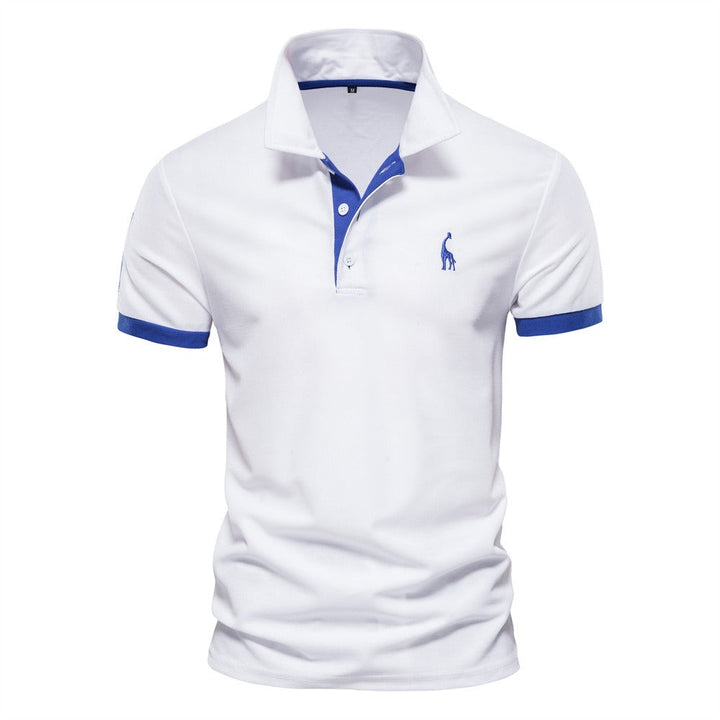 White short-sleeved polo shirt with blue collar and sleeve cuff accents