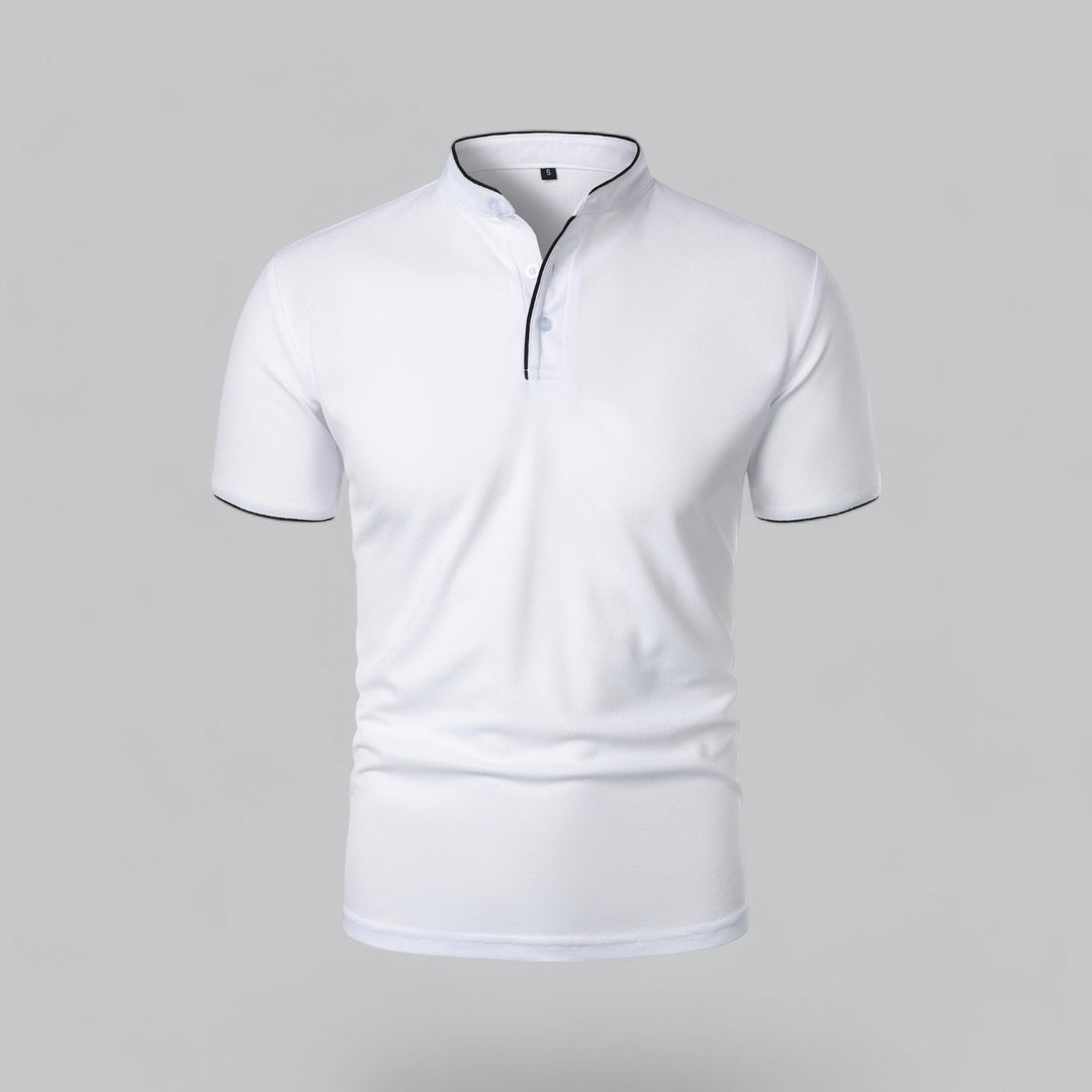 White short sleeve collarless polo front view