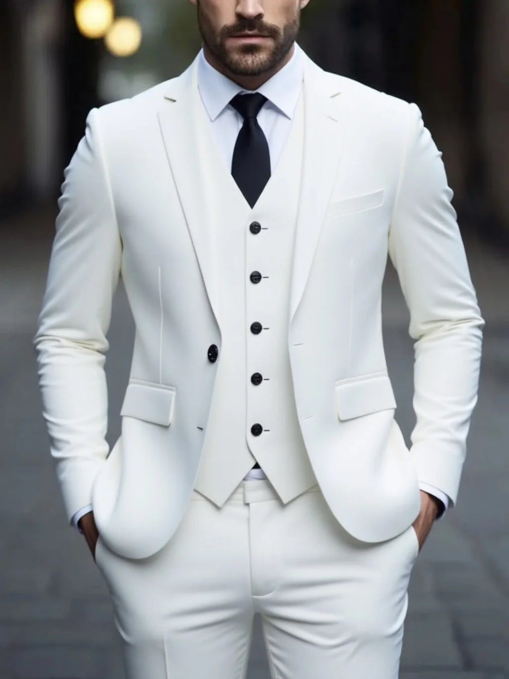 White double-breasted three-piece formal suit with matching vest and buttons
