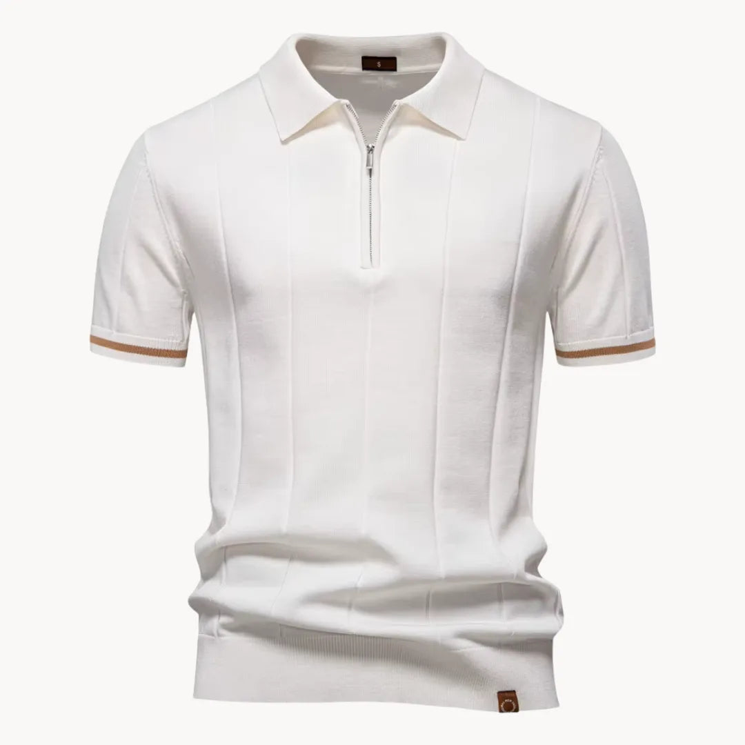 White short sleeve knit polo with quarter zip and tan trim detail