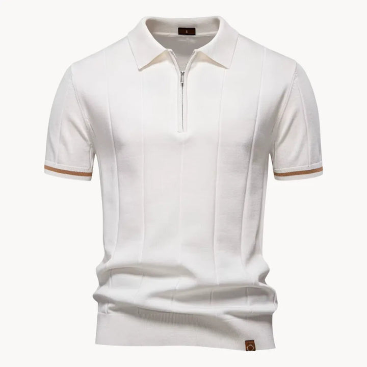 White short sleeve knit polo with quarter zip and tan trim detail