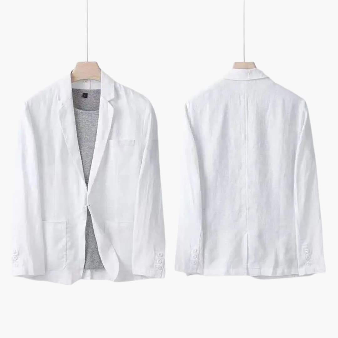 White linen blazer front and back with notch lapel and button details