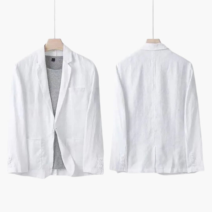 White linen blazer front and back with notch lapel and button details