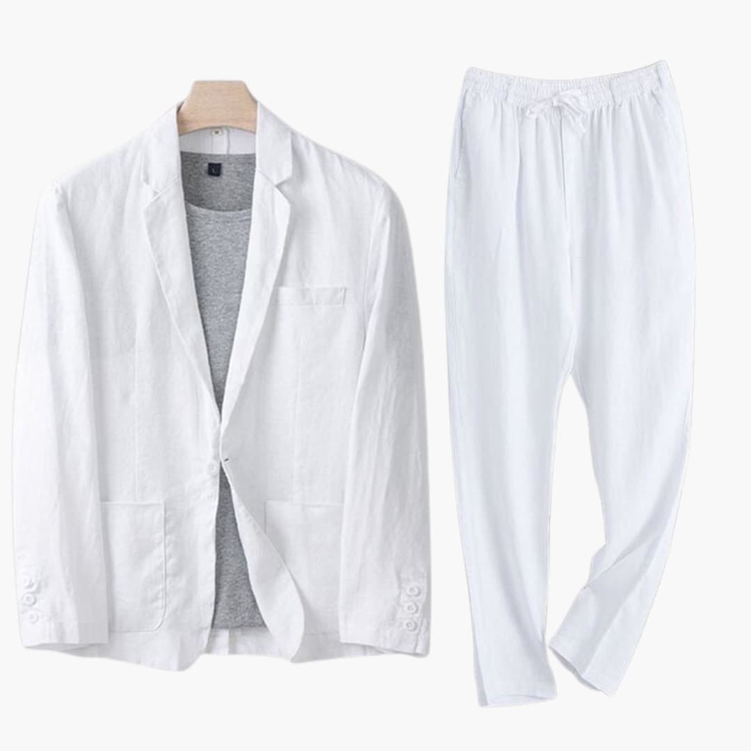 White linen blazer with notch lapel and white straight linen pants