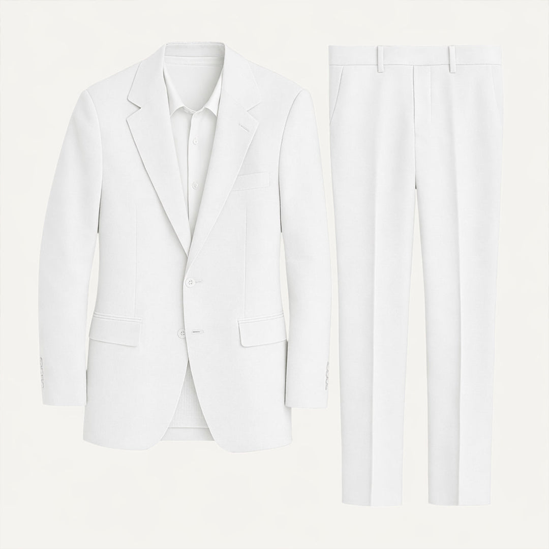 White linen blend blazer and trousers displayed flat with button details