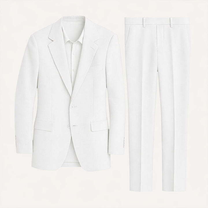 White linen blend blazer and trousers displayed flat with button details