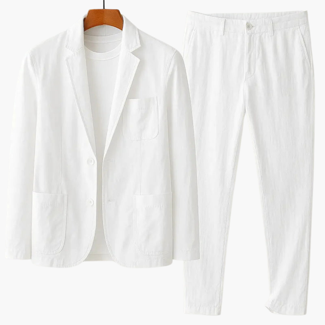 White linen suit jacket and flat-front trousers with drawstring closure
