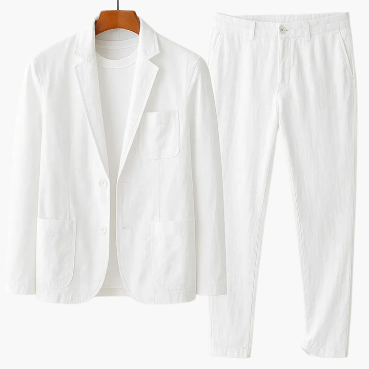 White linen suit jacket and flat-front trousers with drawstring closure