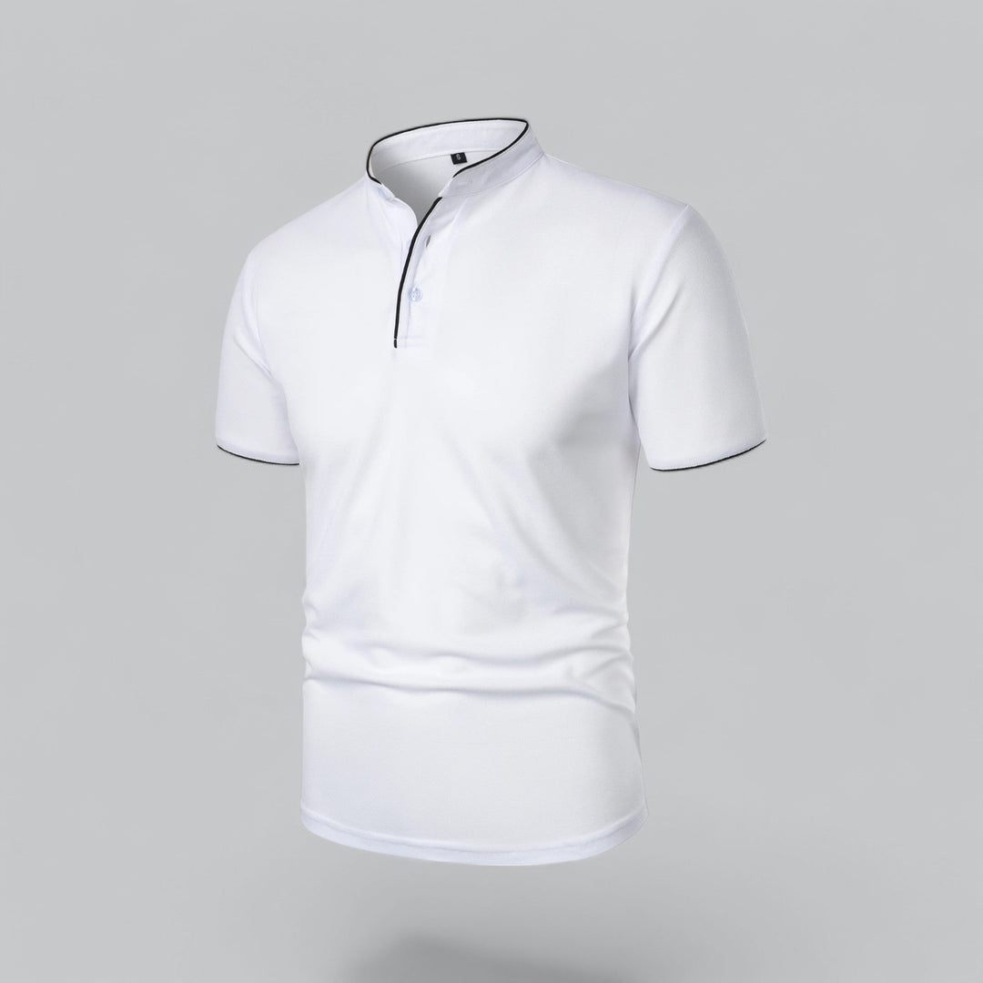 White collarless polo with navy stripe and button