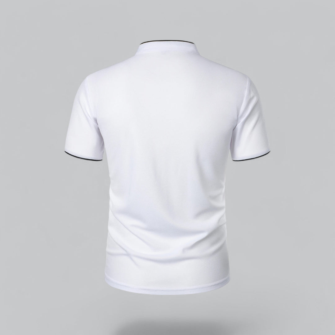 White polo shirt back view with navy trim