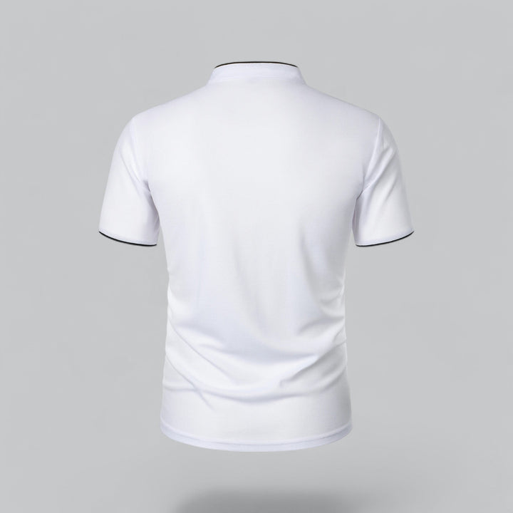 White polo shirt back view with navy trim