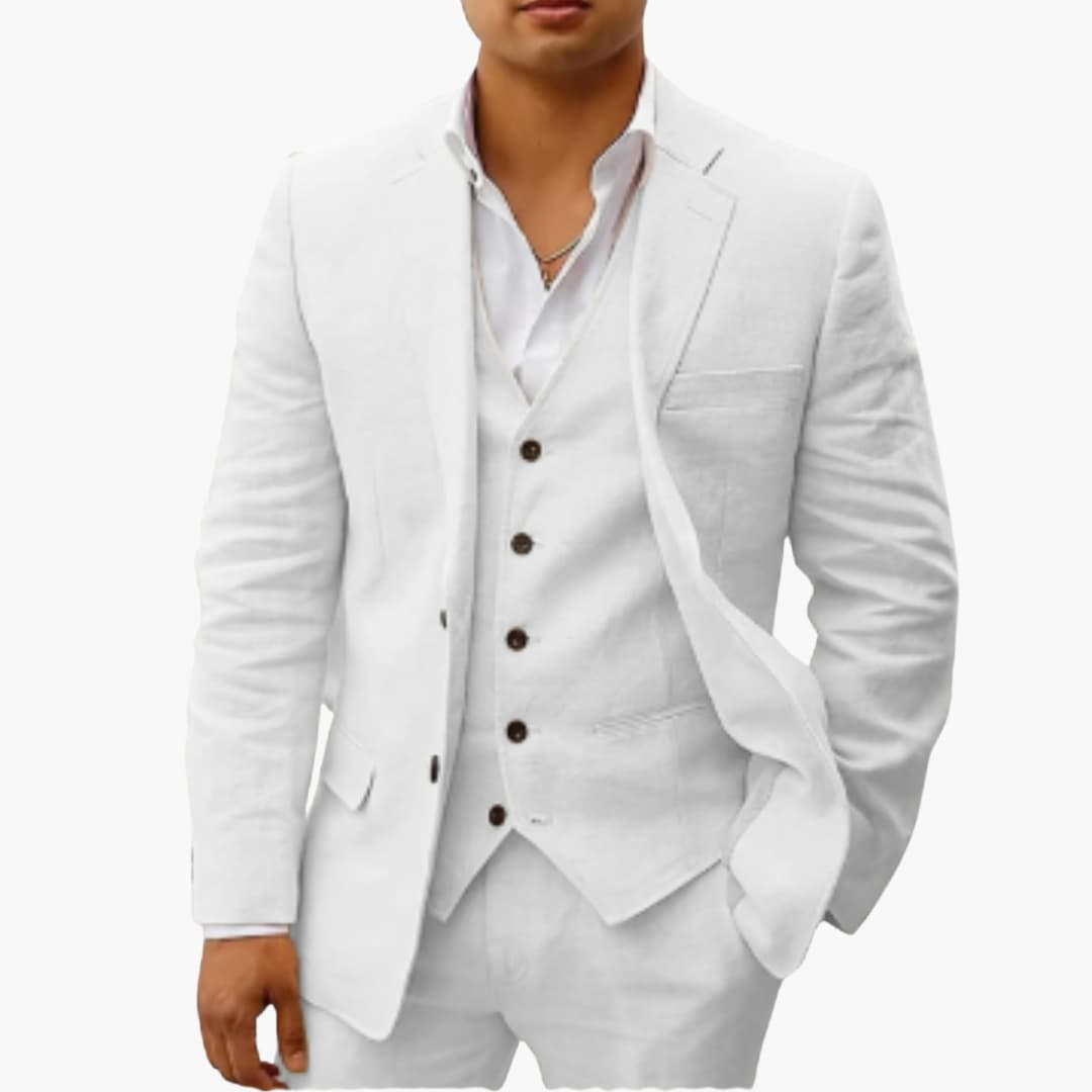 White summer three-piece suit with blazer, double-breasted vest, and pants