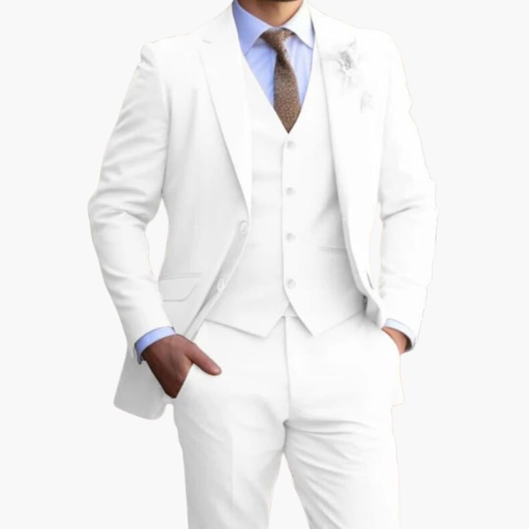 White three-piece formal suit with notched lapel jacket and matching vest on model