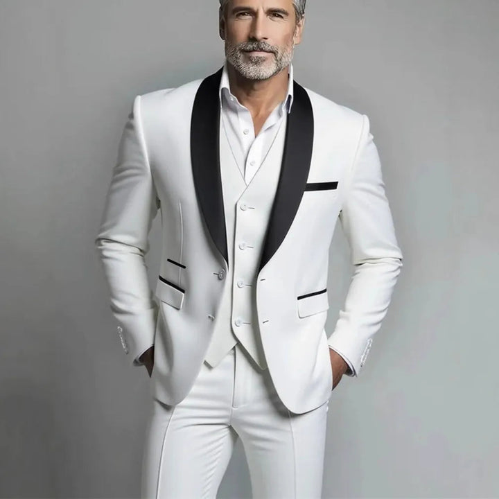 White three piece formal suit with black shawl lapel vest tailored fit front