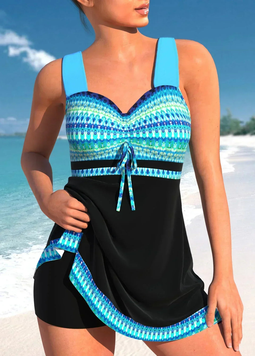 Women blue geometric pattern sleeveless swimsuit with ruched tie front and black mini skirt over shorts