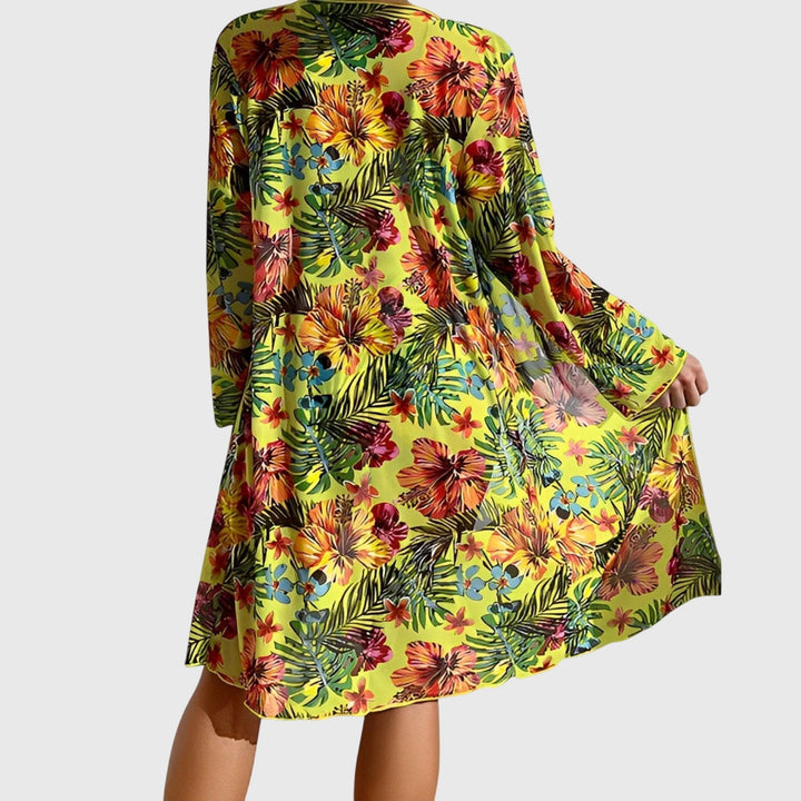 Yellow tropical floral long-sleeve cover-up robe with full skirt and multicolor flower print