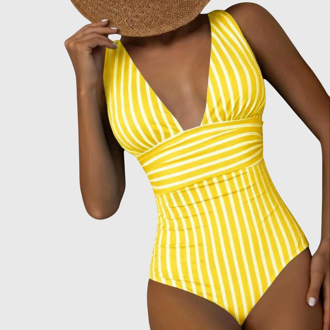 Golden yellow and white striped v-neck one-piece swimsuit front view