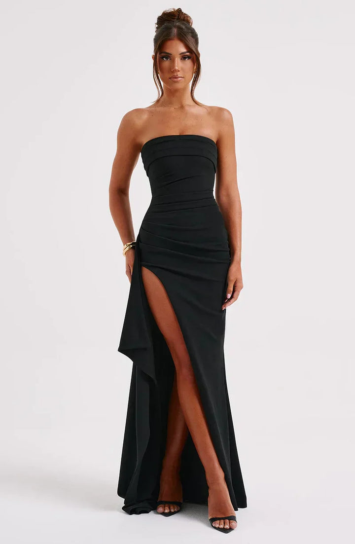 Women black strapless maxi dress with high side slit and pleated detail, front view